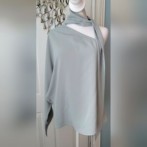 C/MEO Collective One-Shoulder Tie Neck Drape Blouse Womens S Pale Sage Structure